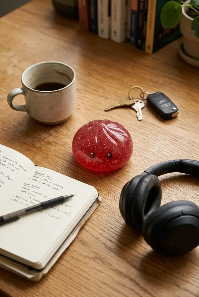 Lucky Red Glitter Dumpling Squishy on the desk