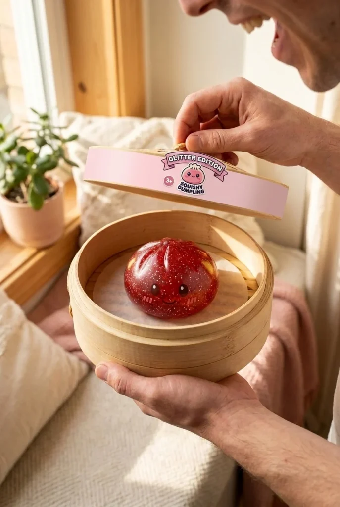 Lucky Red Glitter Dumpling Squishy unboxing moment