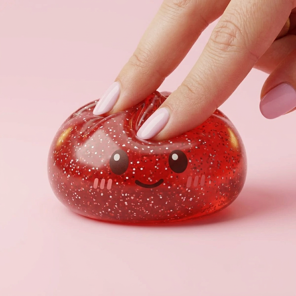 Lucky Red Glitter Dumpling Squishy being squeezed, soft slow-rise foam