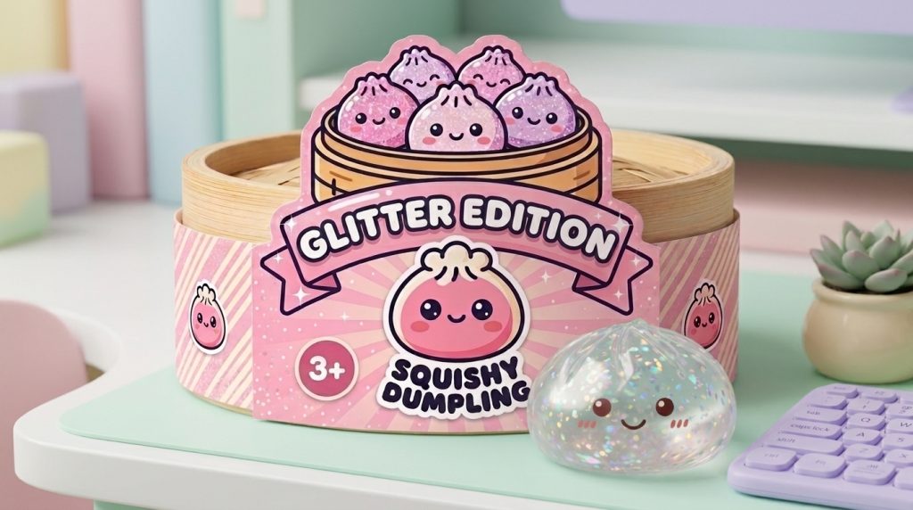 Silver Glitter Dumpling Squishy in its kawaii setting