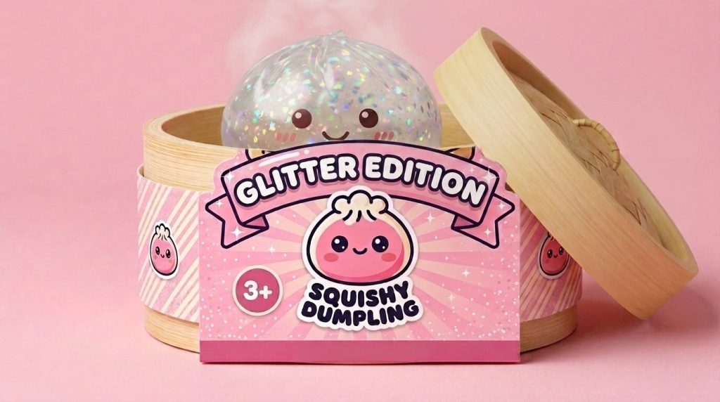 Silver Glitter Dumpling Squishy in its bamboo steamer box