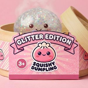 Silver Glitter Dumpling Squishy in its bamboo steamer box