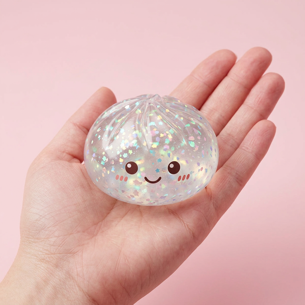 Silver Glitter Dumpling Squishy held in hand, actual size