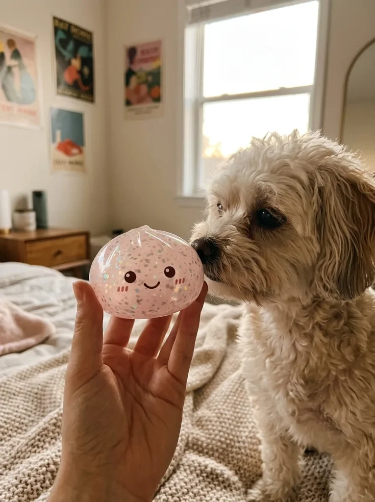 Silver Glitter Dumpling Squishy with a plush friend