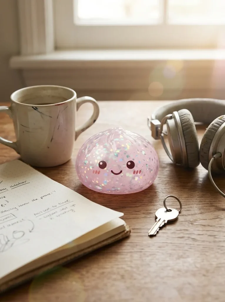 Silver Glitter Dumpling Squishy on the desk