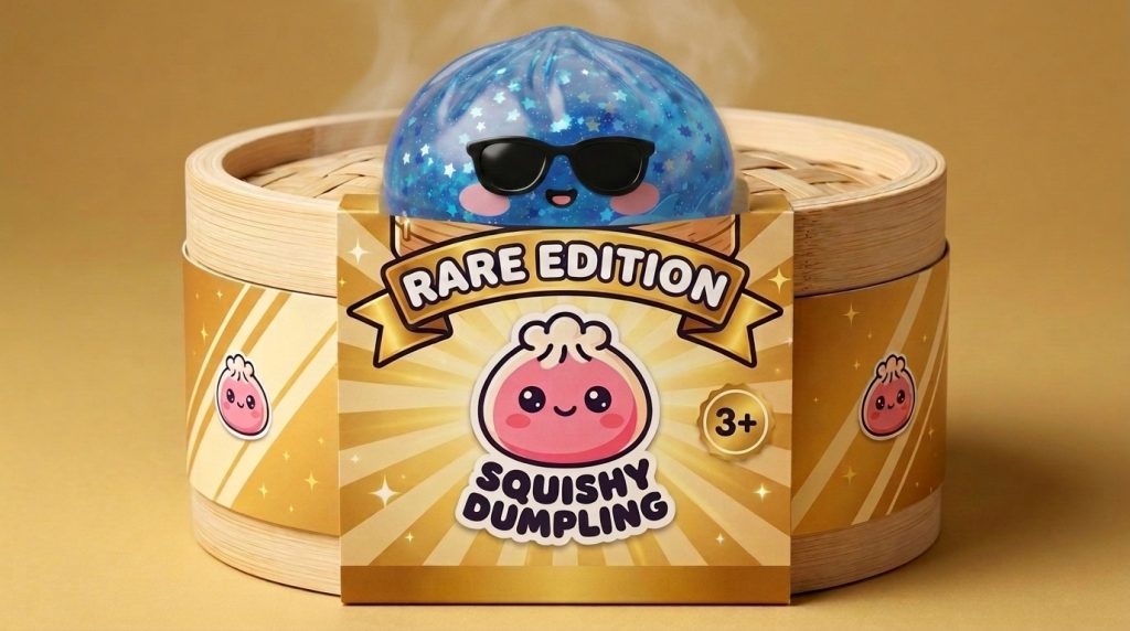 Sparkle Sunglasses Dumpling Squishy in its bamboo steamer box