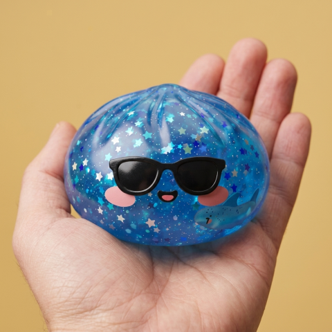 Sparkle Sunglasses Dumpling Squishy held in hand, actual size