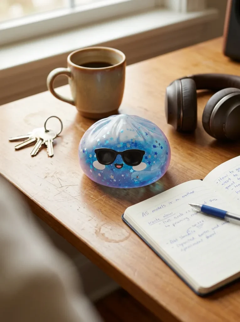 Sparkle Sunglasses Dumpling Squishy on the desk