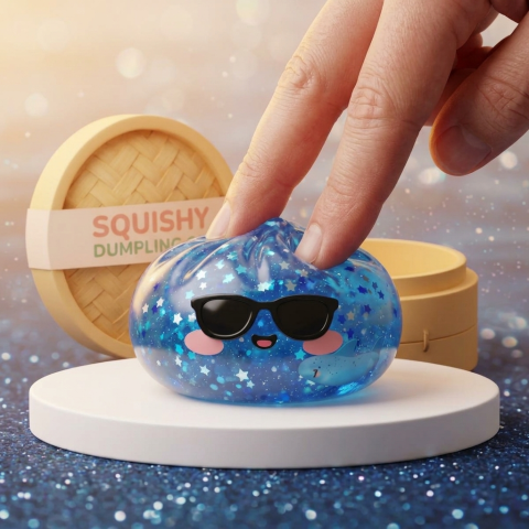 Sparkle Sunglasses Dumpling Squishy being squeezed, soft slow-rise foam