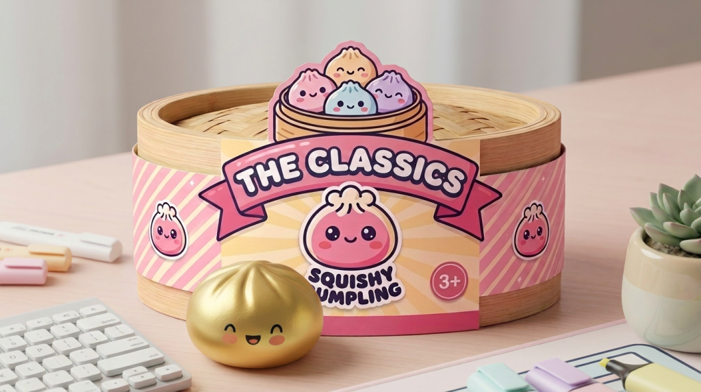 Lucky Gold Dumpling Squishy in its kawaii setting