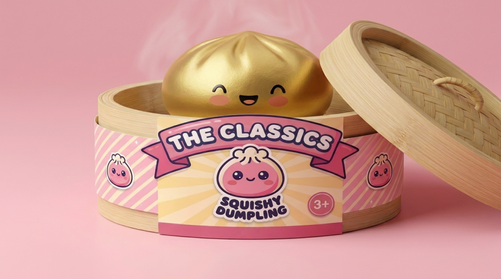 Lucky Gold Dumpling Squishy in its bamboo steamer box