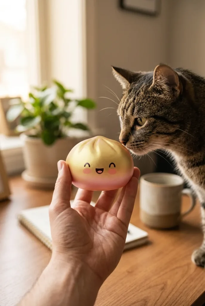Lucky Gold Dumpling Squishy with a plush friend