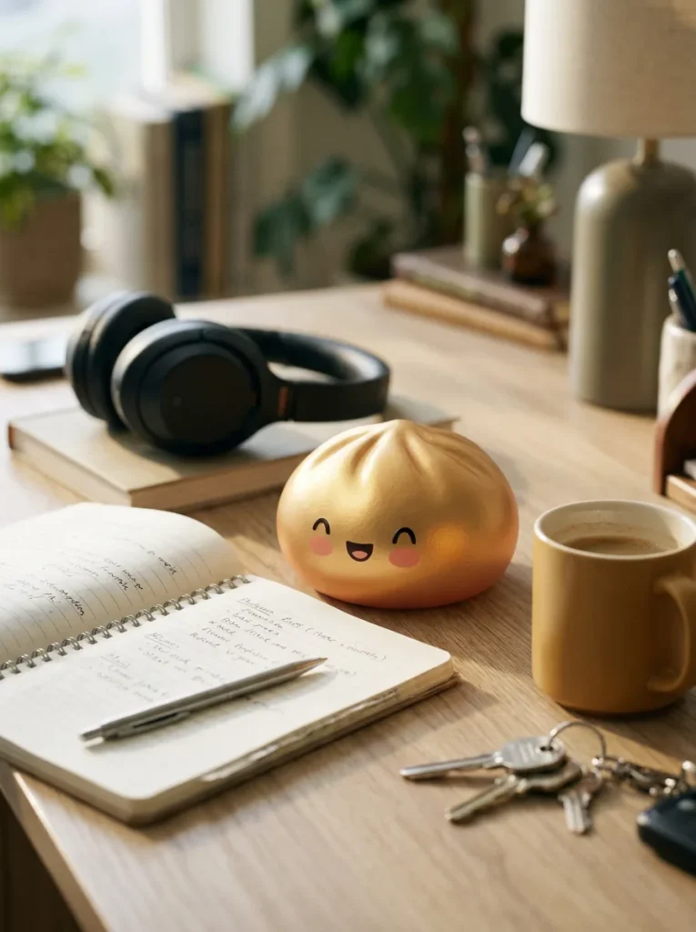Lucky Gold Dumpling Squishy on the desk