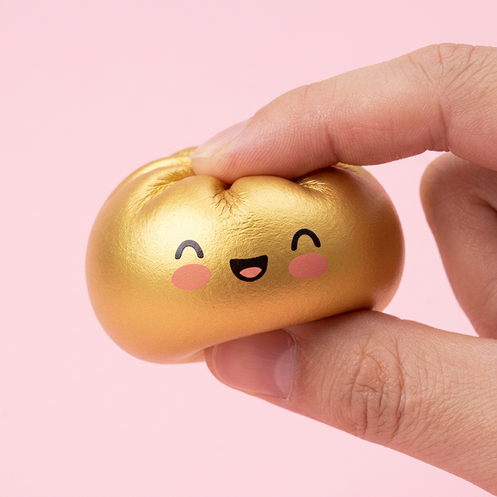 Lucky Gold Dumpling Squishy being squeezed, soft slow-rise foam