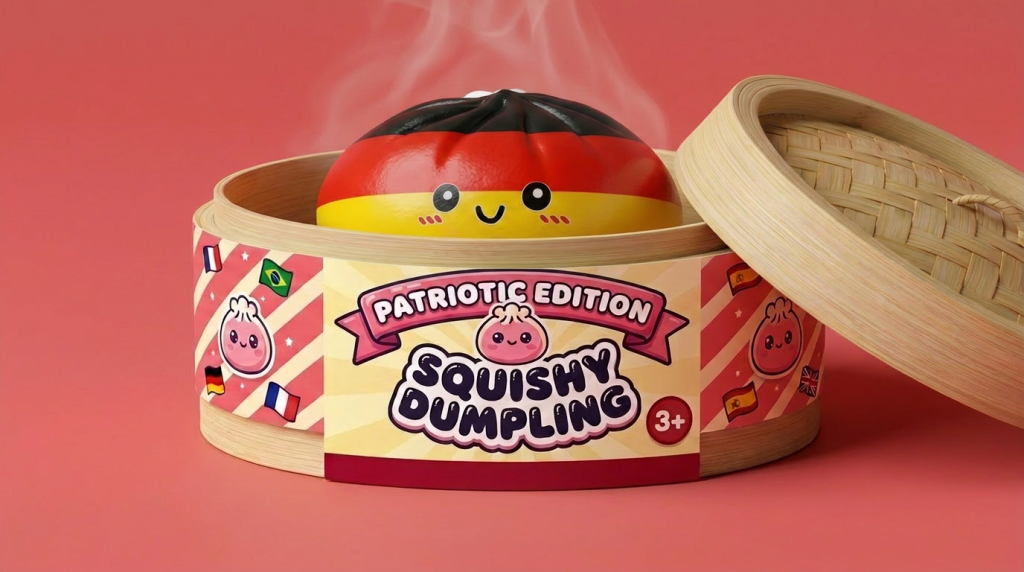 Germany Flag Dumpling Squishy Toy in its bamboo steamer box