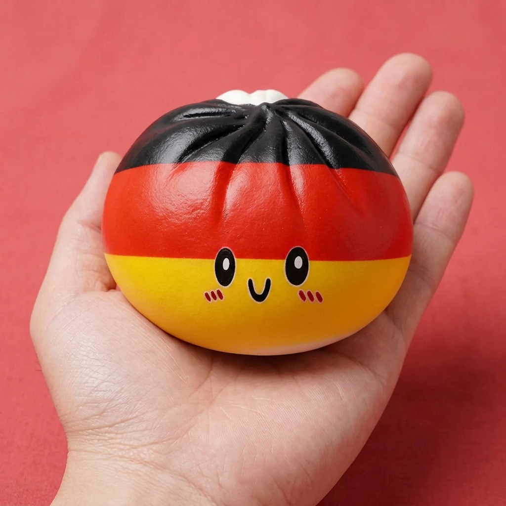Germany Flag Dumpling Squishy Toy held in hand, actual size
