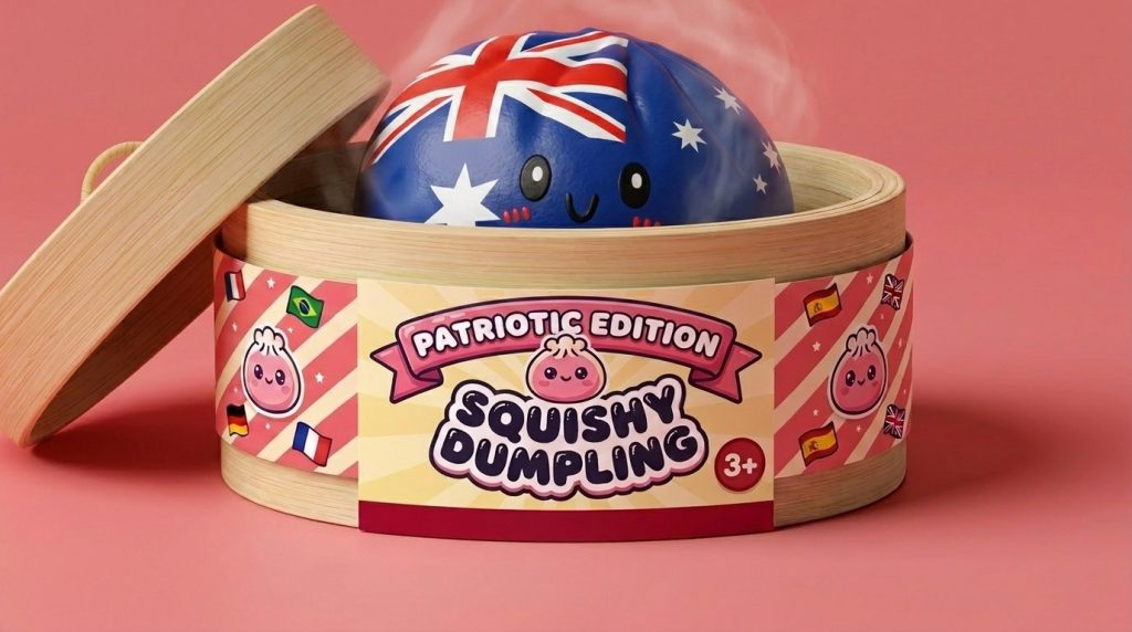 Australia Flag Squishy Dumpling in its bamboo steamer box