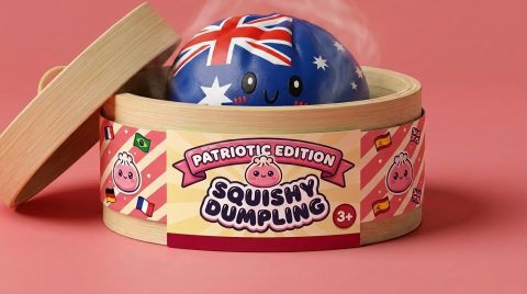 Australia Flag Squishy Dumpling in its bamboo steamer box