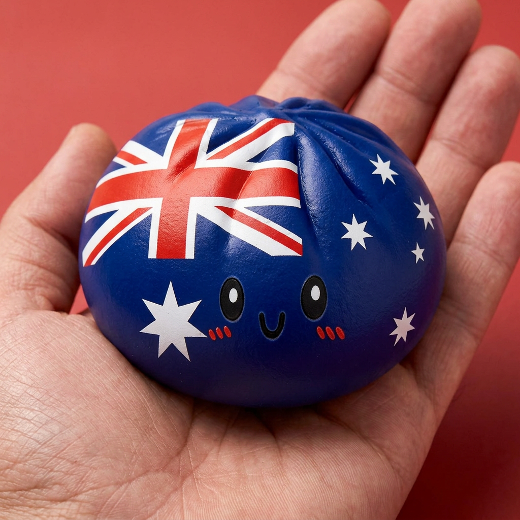 Australia Flag Squishy Dumpling held in hand, actual size