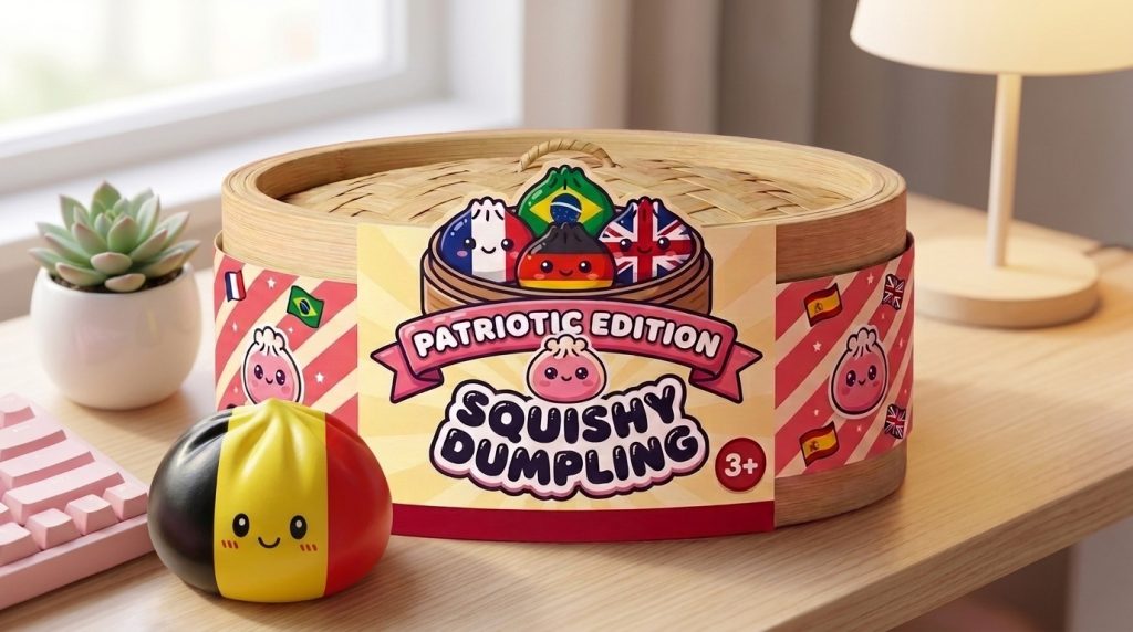 Belgian Flag Dumpling Squishy in its kawaii setting