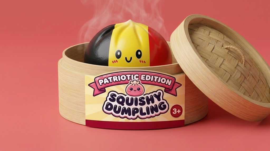 Belgian Flag Dumpling Squishy in its bamboo steamer box