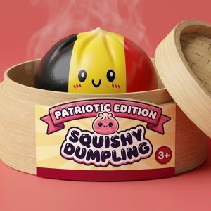 Belgian Flag Dumpling Squishy in its bamboo steamer box