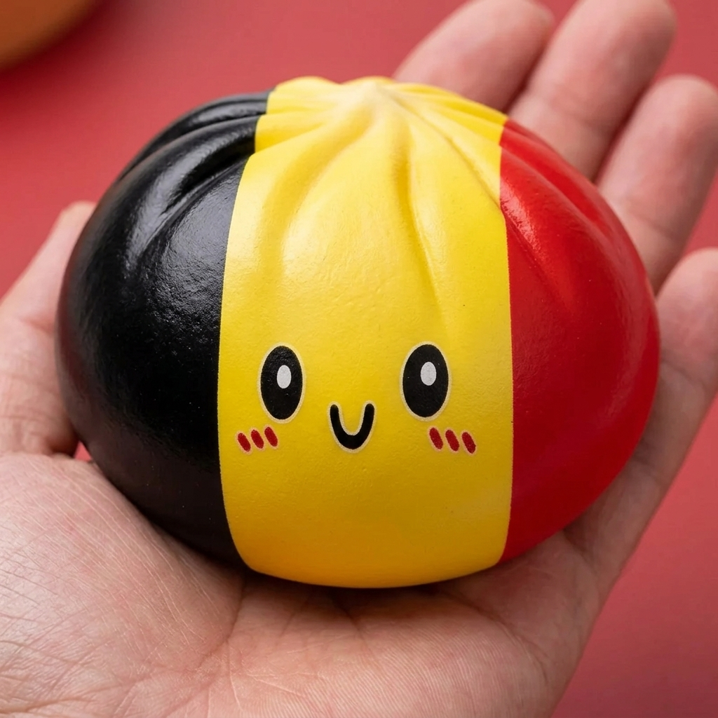 Belgian Flag Dumpling Squishy held in hand, actual size