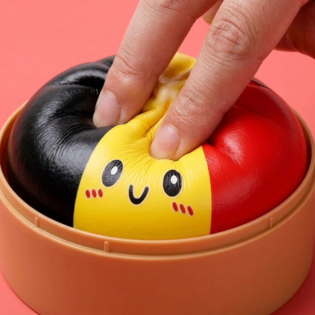 Belgian Flag Dumpling Squishy being squeezed, soft slow-rise foam