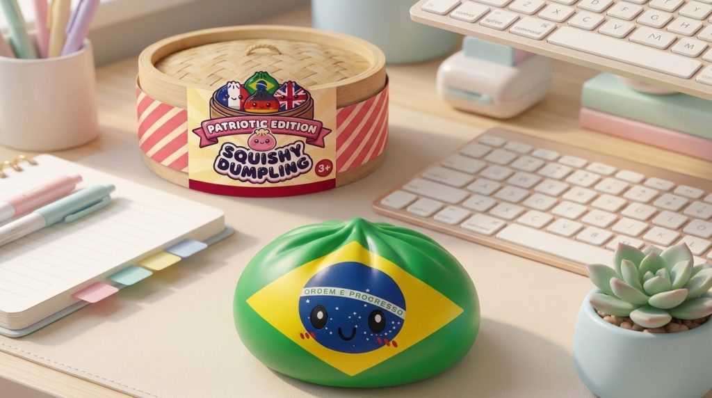 Brazil Flag Dumpling Squishy in its kawaii setting