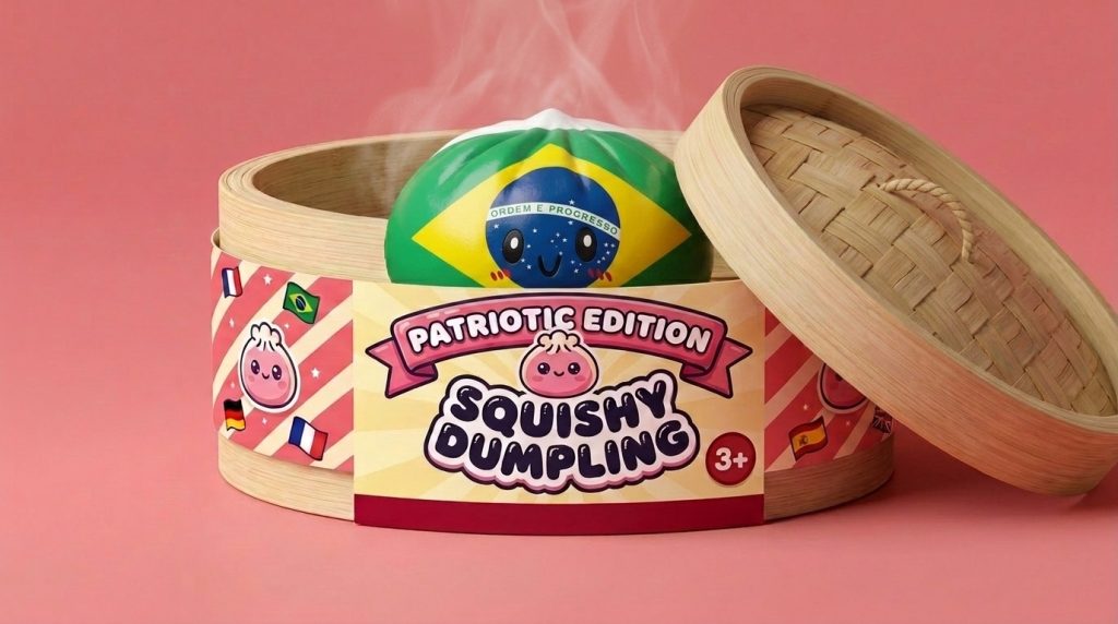 Brazil Flag Dumpling Squishy in its bamboo steamer box