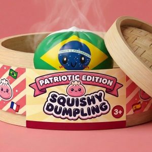 Brazil Flag Dumpling Squishy in its bamboo steamer box