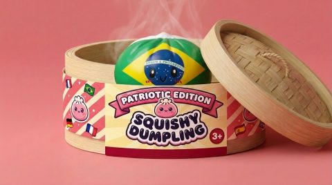 Brazil Flag Dumpling Squishy in its bamboo steamer box