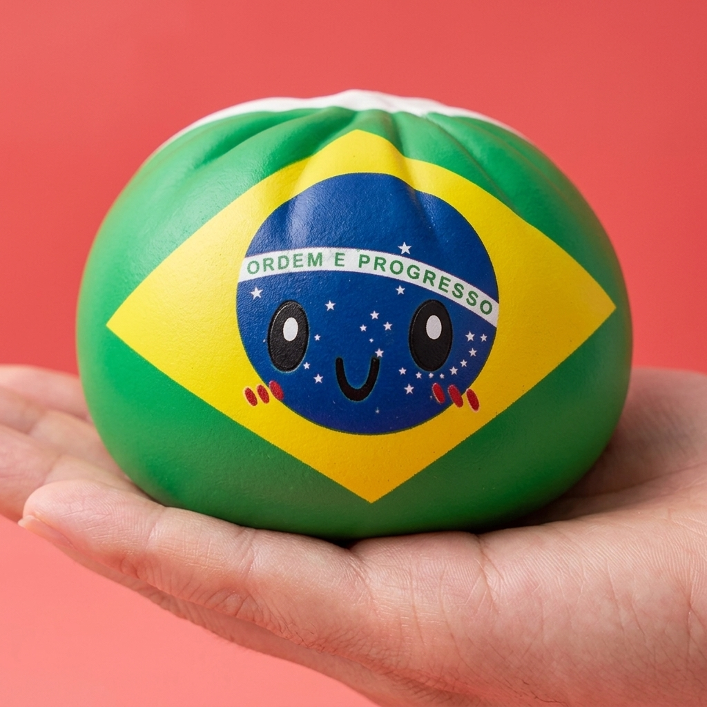 Brazil Flag Dumpling Squishy held in hand, actual size