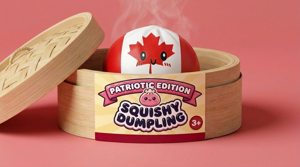 Canada Flag Squishy Dumpling in its bamboo steamer box