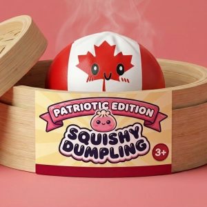 Canada Flag Squishy Dumpling in its bamboo steamer box