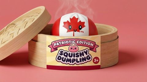 Canada Flag Squishy Dumpling in its bamboo steamer box