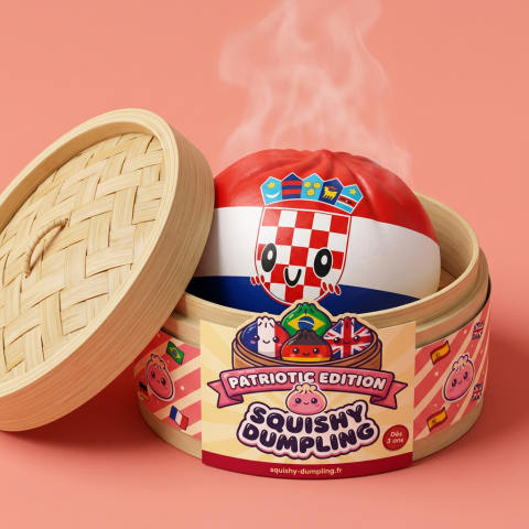 Croatia Flag Dumpling Squishy in its bamboo steamer box