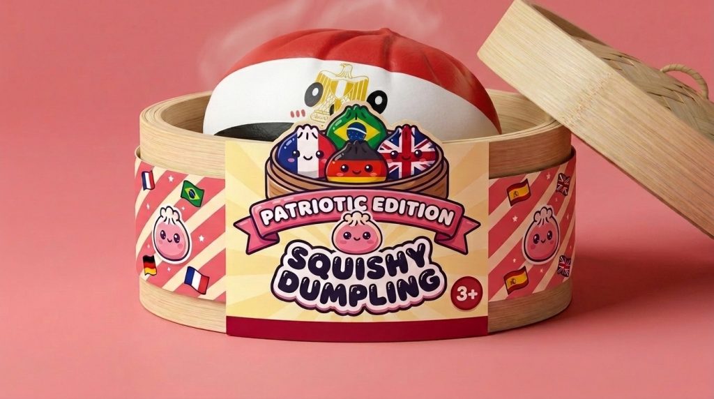 Egypt Flag Dumpling Squishy in its bamboo steamer box