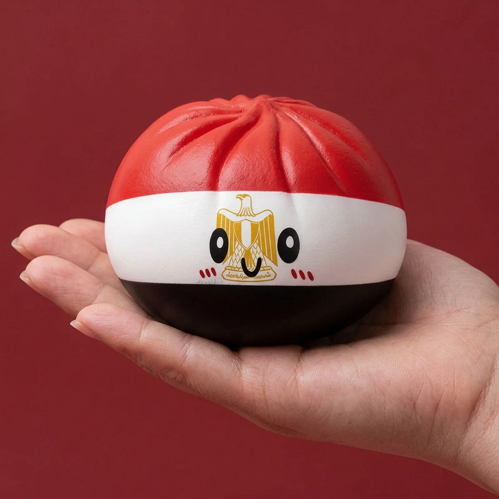 Egypt Flag Dumpling Squishy held in hand, actual size