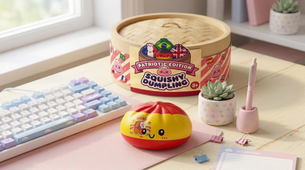 Spain Flag Dumpling Squishy in its kawaii setting