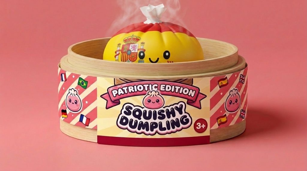 Spain Flag Dumpling Squishy in its bamboo steamer box