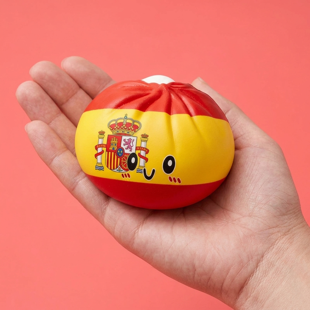 Spain Flag Dumpling Squishy held in hand, actual size