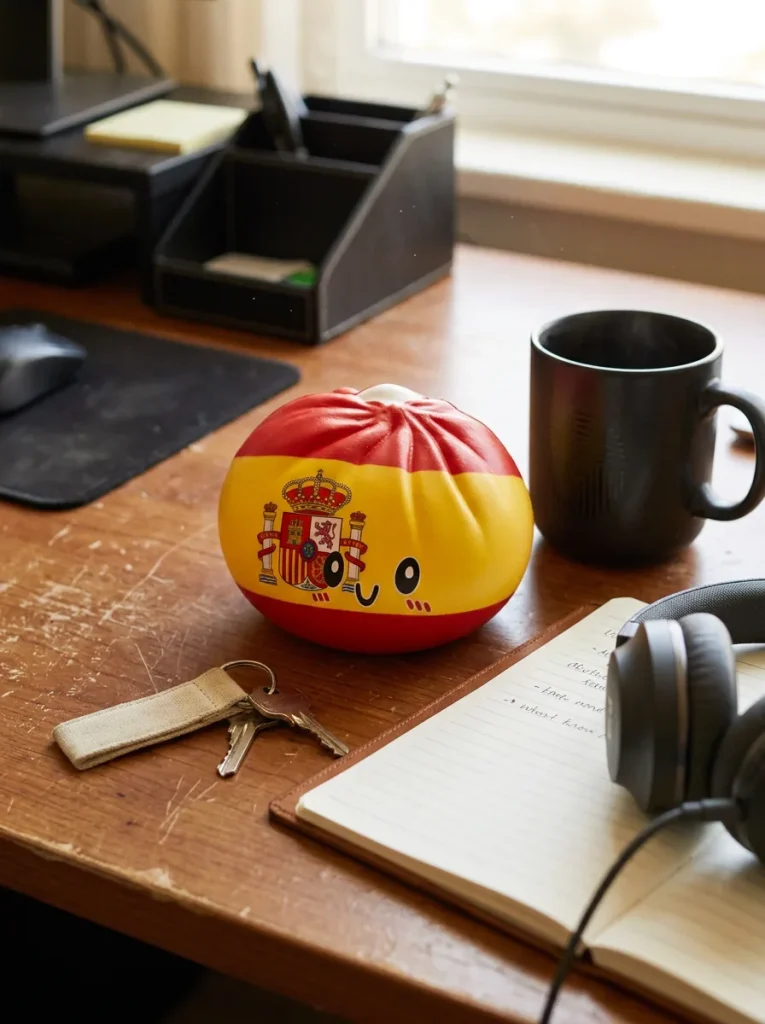 Spain Flag Dumpling Squishy on the desk