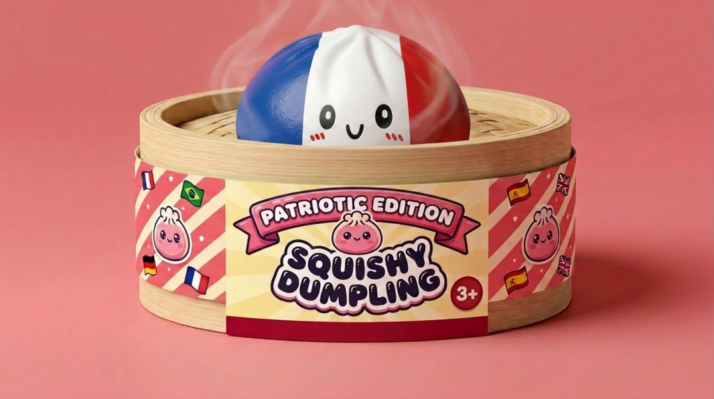 France Flag Dumpling Squishy in its bamboo steamer box