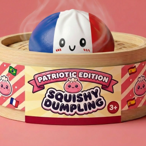 France Flag Dumpling Squishy in its bamboo steamer box