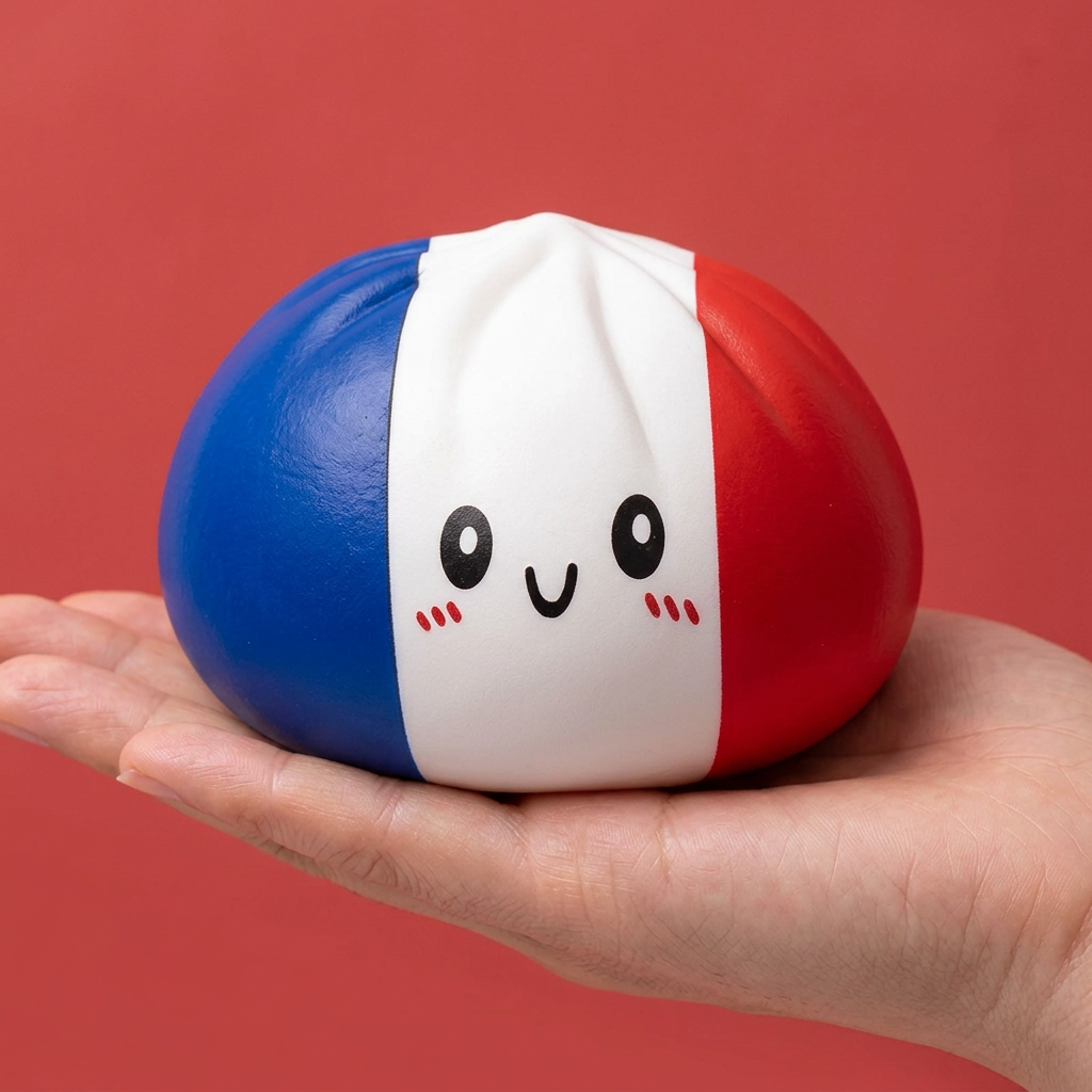 France Flag Dumpling Squishy held in hand, actual size
