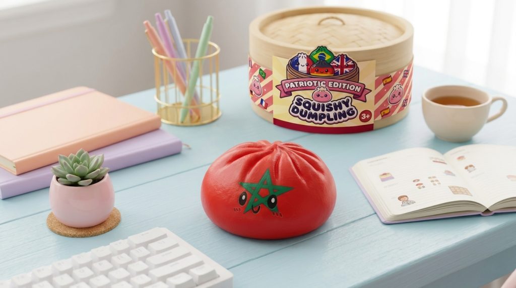 Morocco Flag Dumpling Squishy in its kawaii setting