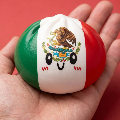 Mexico Flag Dumpling Squishy held in hand, actual size