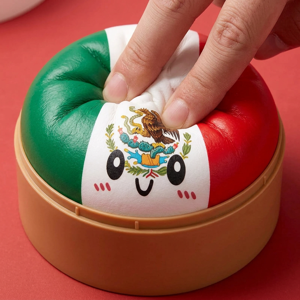 Mexico Flag Dumpling Squishy being squeezed, soft slow-rise foam