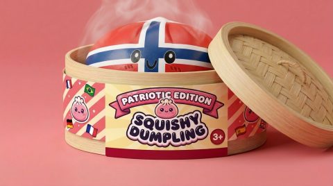 Norway Flag Dumpling Squishy in its bamboo steamer box